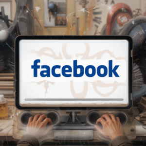 A small business owner using Facebook on a laptop, showcasing social media engagement, customer interactions, and business growth opportunities.