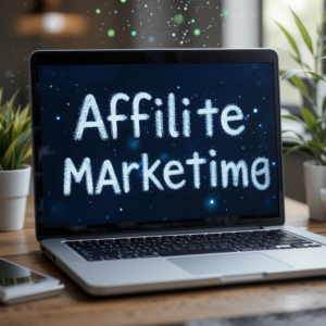 A laptop on a desk displaying analytics, surrounded by dollar signs and marketing icons, representing affiliate marketing and online earning.