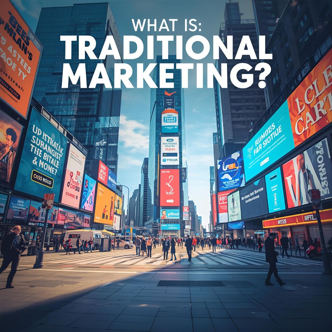 Illustration showing examples of traditional marketing such as billboards, newspapers, radio, and TV advertisements representing offline promotional methods.